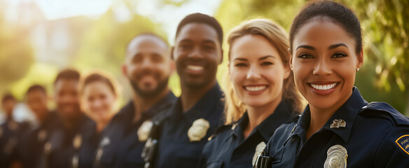 Group of smiling police officers standing together outdoors in sunlight