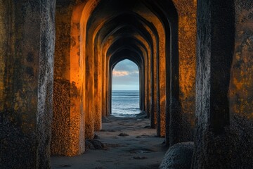 Fototapeta premium Arched corridor leads to ocean view with sky. Golden pillars stand in contrast to cool tones of water.