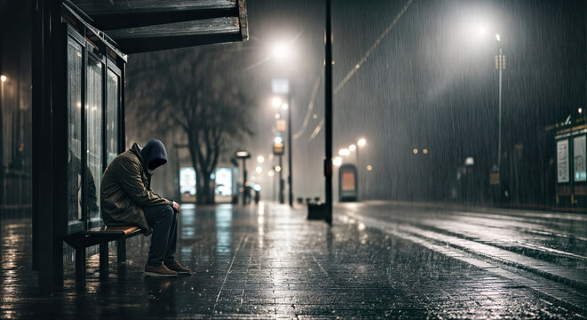 Solitary Figure Sitting Alone at Isolated Bus Stop At Rainy Night, Depression and Social Isolation Concept - Powered by Adobe