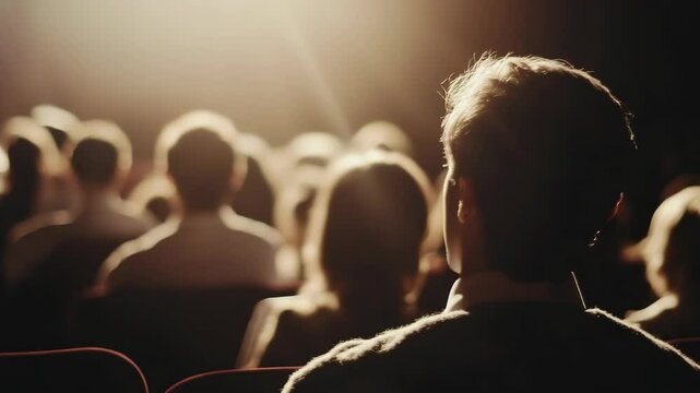 Rear view of an audience watching a stage show in a dark theatre with a bright spotlight and red seats