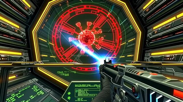 Futuristic space battle.  A laser gun targets a virus-like object in a spaceship cockpit