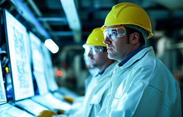Workers in safety gear monitoring control panels in factory setting