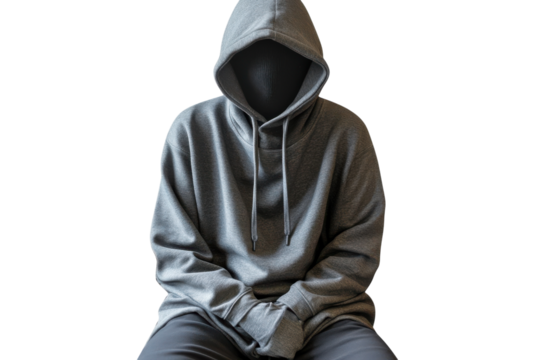 Anonymous hooded figure seated gray sweatshirt isolated white background contemplative pose mystery