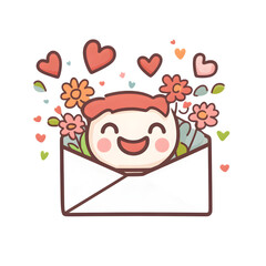 Kawaii-style envelope character popping out flowers and hearts, big smile, simple clean colors, isolated on white.