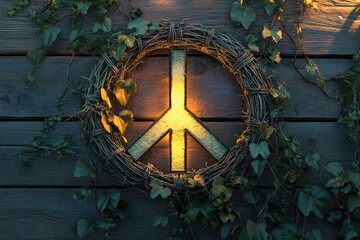 Peace symbol illuminated within a twig wreath, adorned with ivy on rustic wooden planks.