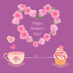 Vector cute Mother's Day card: a congratulatory inscription in a heart of roses, a cup on a lace napkin, handmade hearts, a cake with a cream rose on a light pink and purple background.
