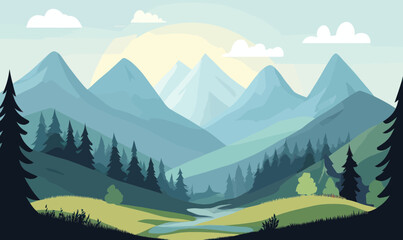 Minimalist Mountain Landscape Vector Art with Pines and Stream in Flat Design