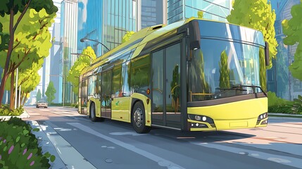 Obraz premium Yellow Bus Moving Through City Street with Green Trees and Buildings