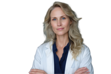 Portrait of a confident female doctor with blonde hair wearing a white on transparent background