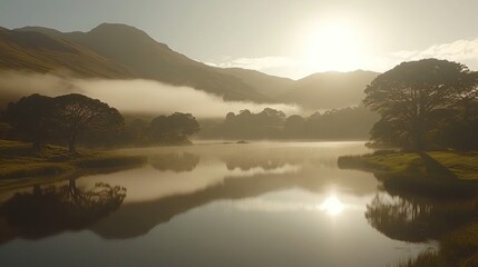 Misty sunrise over serene lake and mountains