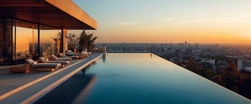 Panoramic skyline vista from rooftop infinity pool during a vibrant sunrise