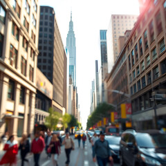 Obraz premium Blurred urban streetscape city life. Soft focus skyscrapers city street on sunny day with tall buildings and pedestrians