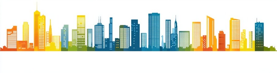 Fototapeta premium The cityscape banner displays a colorful urban skyline that combines modern and traditional architectural styles