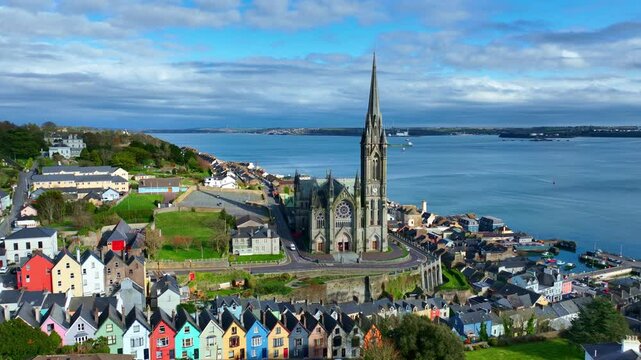 aerial view of Irish town of Cobh, Cork county, Ireland, travel and tourism in Ireland, gothic cathedral in Ireland in county Cork