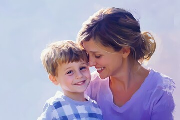 A close-up portrait of a mother and son.