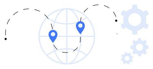 Globe with location pins connected by dotted lines, surrounded by gear icons. Ideal for travel, logistics, networking, technology, innovation, globalization communication. Flat simple metaphor