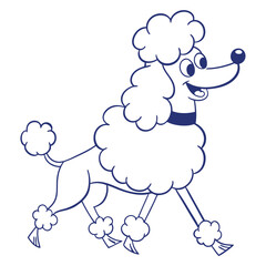 Cartoon Poodle Walking, Blue Outline Style, Happy Dog, White Background, Smiling Face