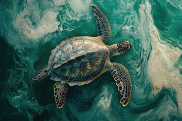 Fototapeta premium A stunning sea turtle gracefully swims in the ocean, its intricate shell patterns contrasting with the swirling turquoise and white waters below, top-down view.