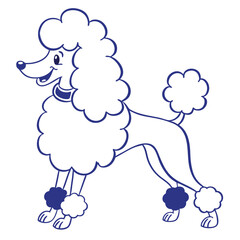 Cartoon Outline Poodle, Smiling Dog with Collar, Elegant Canine, White Coat, Blue Trim