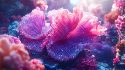 Obraz premium The illustration Abyssborn Tide features an underwater close-up of a colorful sea slug amidst coral reef marine life