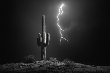 Black and white shot of a cactus standing tall against the desert sky with a lightning strike behind.