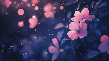 Gentle Pink Flowers Blooming Against Dark Blue Background with Soft Luminous Bokeh Lights