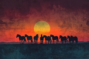 Fototapeta premium Silhouetted horses stand against a fiery sunset, creating a striking contrast and a sense of serene beauty.