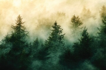 Naklejka premium Misty forest landscape featuring silhouetted evergreen trees shrouded in fog against a soft, hazy golden sky background, creating an atmospheric scene.