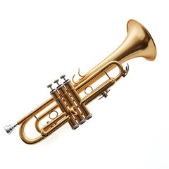 Obraz premium A gleaming gold trumpet rests on a pristine white background showcasing its intricate valves and bell.