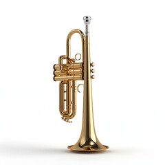 A gleaming golden trumpet stands upright against a stark white background showcasing its intricate details and elegant design.