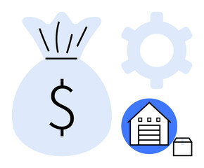 Money bag with dollar sign near gear, warehouse, and file symbols. Ideal for finance, logistics, supply chain, business planning, e-commerce budget management and operations. Flat simple metaphor