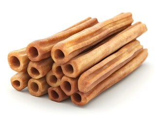 A close-up shot shows a stack of golden-brown churros, delicious fried dough pastries, perfect for a sweet treat or snack.