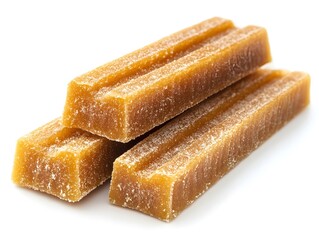 Three golden brown rectangular sweet treats rest on a white background showcasing their delicious sugary texture and appealing shape.