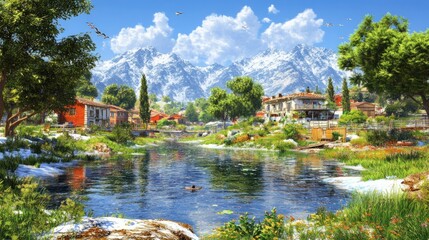 Naklejka premium Mountain village spring river landscape, idyllic scene. Perfect for travel brochures