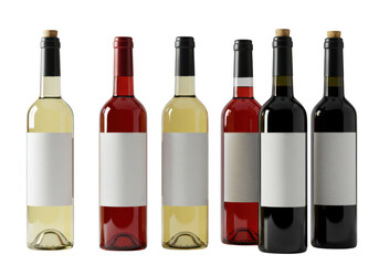 Assortment of wine bottles with blank labels in a row on transparent background