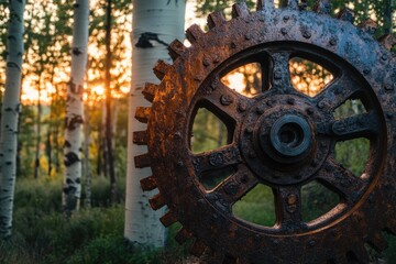 A rusty, weathered gear rests in a forest clearing, with birch trees and sunset light.