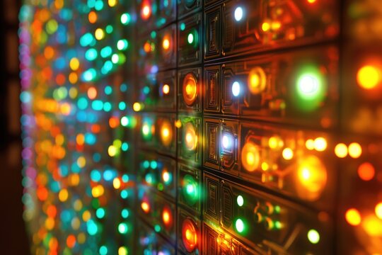Close-up of a server rack with colorful, blinking lights, suggesting data, technology and network activity in a futuristic setting.
