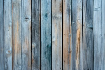Fototapeta premium A close-up of a weathered wooden fence with a faded blue hue, showcasing aged texture.