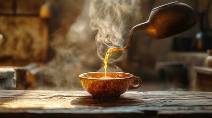 Steaming hot tea pouring into rustic mug
