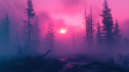 Obraz premium The illustration Drifting Remains showcases a forest's charred remains, somber colors, and a melancholy atmosphere, all captured in an impressionistic landscape style with faint remnants and drifting