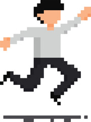 Pixel art style man jumping in motion with casual outfit digital illustration