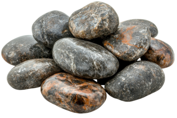 Smooth river rocks grey and brown tones piled high natural texture zen garden stones close up studio
