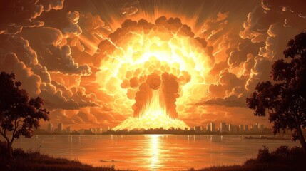 Nuclear explosion over city, fiery sunset, apocalyptic landscape, environmental disaster; post-apocalyptic game art
