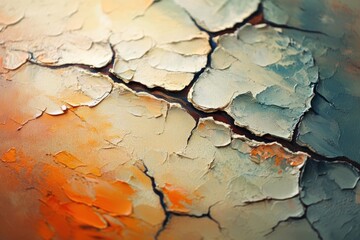 Fototapeta premium Abstract oil painting featuring thick, textured brushstrokes in warm oranges, soft yellows, and cool blues, creating a cracked, layered surface.