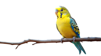 Fototapeta premium Vibrant Yellow and Blue Parakeet Perched on a Branch Against Black Background