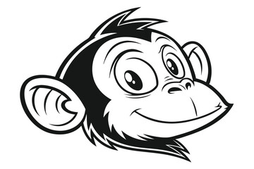 Cartoon Monkey Head Mascot in Black and White Line Art Style with Smiling Expression