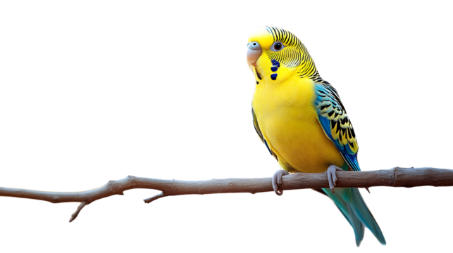 Vibrant Yellow and Blue Parakeet Perched on a Branch Against Black Background