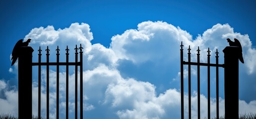 Open gate, birds, clouds, blue sky, hope concept