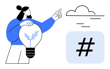 Person holding eco-friendly light bulb with a leaf inside, pointing to a cloud and metadata tag symbol. Ideal for innovation, sustainability, cloud computing, technology, social media, creativity
