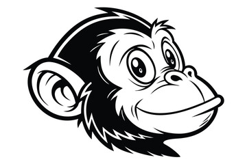 Cartoon Monkey Head Outline with Smile, Black and White Cute Animal Design Isolated © Shipon
